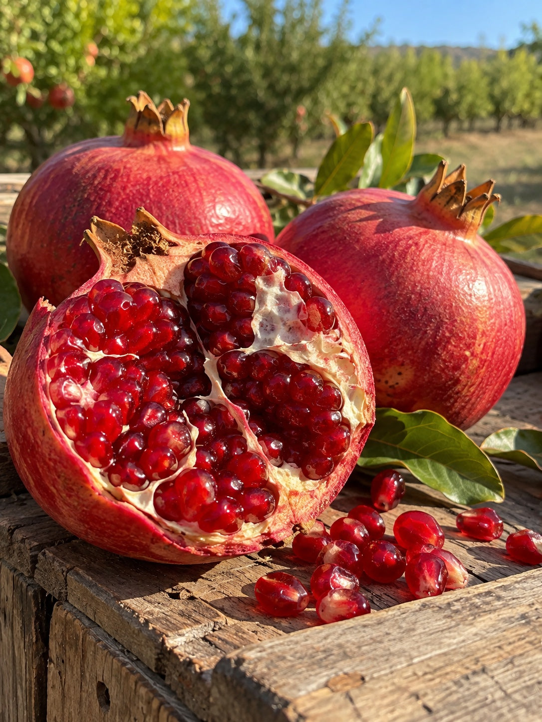 Fresh Sicilian pomegranates, one broken open showing the ruby red seeds