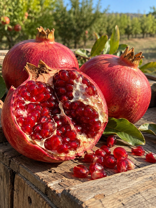 Fresh Sicilian pomegranates, one broken open showing the ruby red seeds